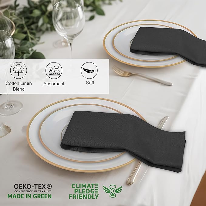 Ruvanti Linen Napkins Set of 6, 18x18 Cloth Napkins, Cotton Linen Blend Napkins Cloth Washable, Soft, Reusable Dinner Napkins for Wedding, Parties, Christmas, Thanksgiving, Everyday Use - Black