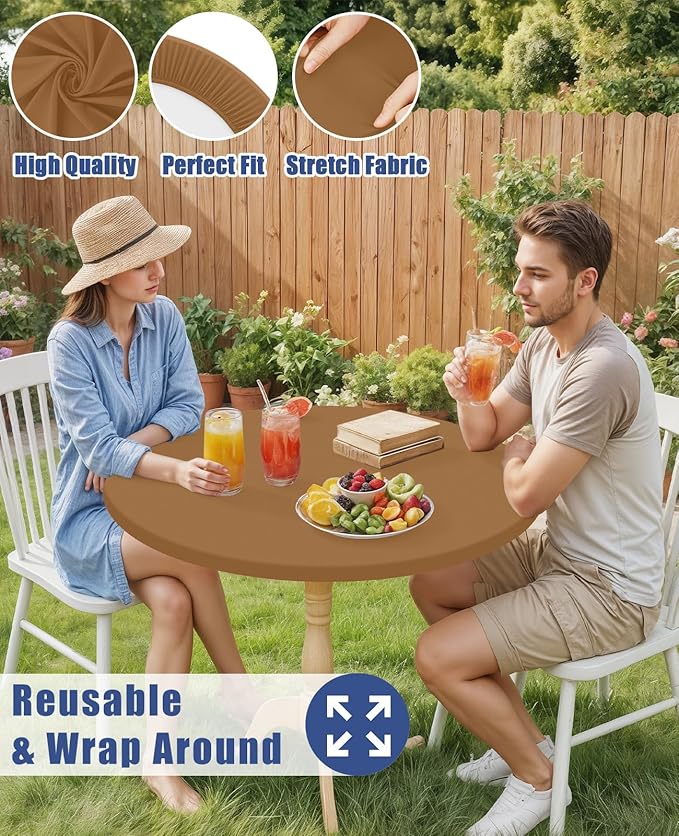 Round Spandex Tablecloth, Elastic Fitted Waterproof Tablecloths for 18"-24" Tables, Stretch Washable Picnic Table Cover for Camping, Dining, Indoor and Outdoor,Brown