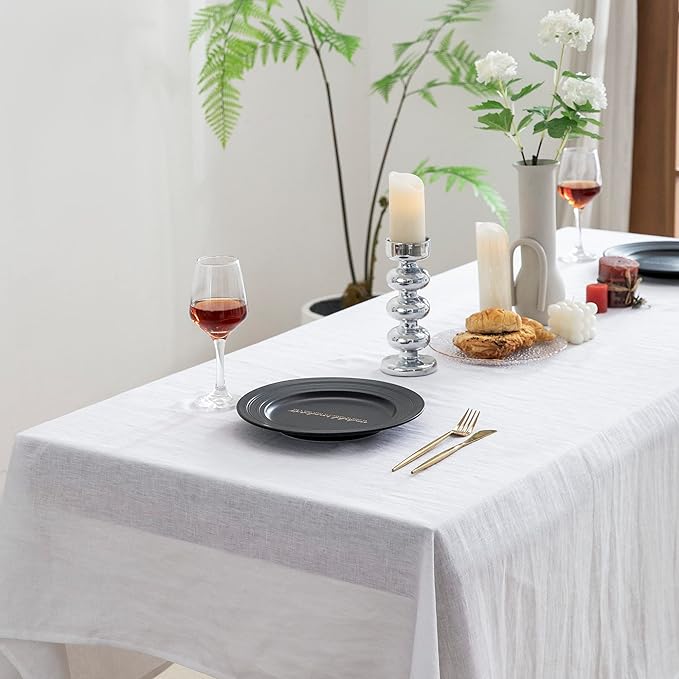 EVERLY Pure Linen Hemstitch Tablecloth,100% Stonewashed French Linen tablecloths for Kitchen Dining Rectangle Tables,60x144Inch Machine Washable Christmas Thanksgiving Organic Tablecloth-White