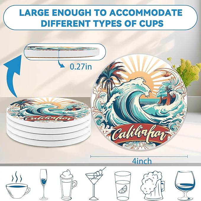 Drinks Coasters Set of 4, California Beach Round 4" Cup Coasters, Absorbent Ceramic Stone Coasters with Cork Base, Cute Coasters for Table Home Décor, Ideal Gifts for Women Men