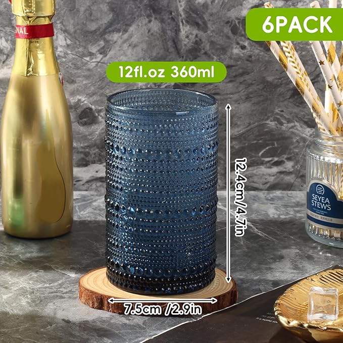 Moretoes Vintage Hobnail Drinking Glasses Set of 6,12 Oz Highball Glasses Clear Embossed Boho Water Glass Cups Kitchen Bar Tumbler Glassware Set for Whiskey, Beer, Juice, Milk (Blue)