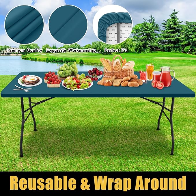 Smiry Rectangle Picnic Table Cloth, Waterproof Elastic Fitted Tablecloths for 4 Foot Tables, Washable Polyester Table Cover for Camping, Indoor and Outdoor (Peacock Blue, 30"x48")