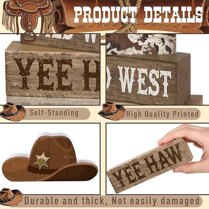 4 Pcs Western Tiered Tray Decorations Set Cowboy Hat Stack Block Signs Desert Farmhouse Rustic Tabletop Tiered Tray Decor for Table Shelf Home Office