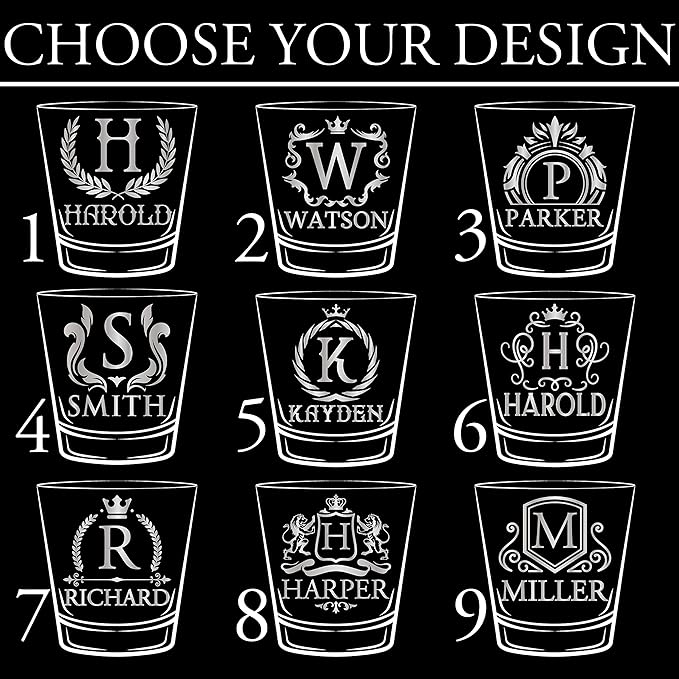 Customization Mill Set of 4, Monogrammed Whiskey Rocks Glasses w/Name & Initial - Whiskey Gifts for Men - 9 Designs - Personalized Bourbon Whiskey Glasses