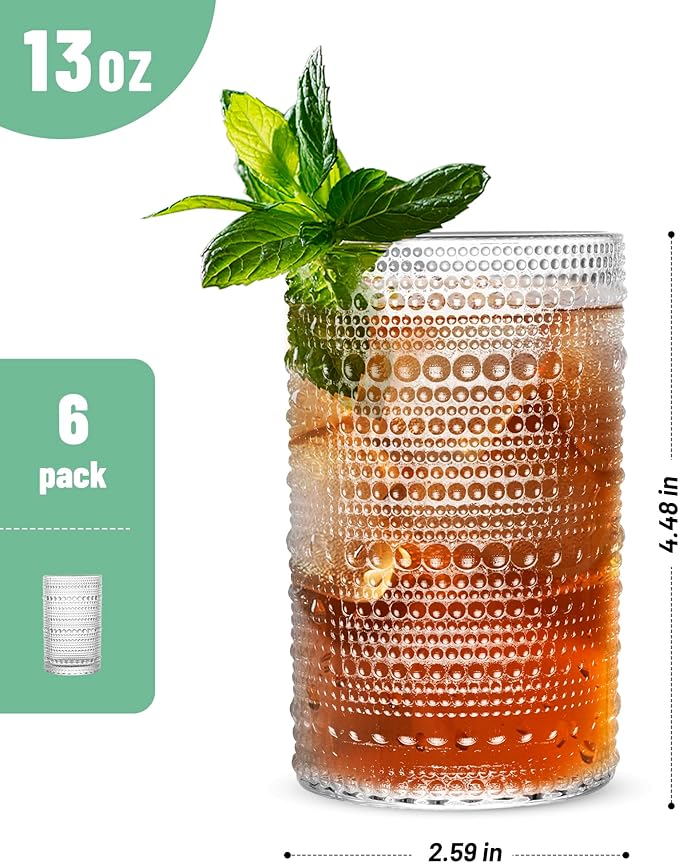 Vintage Hobnail Drinking Glasses Set of 6 – 13 oz Clear Highball Glass Cups – Embossed Textured Glassware with Anti-Slip Design for Water, Juice, Cocktails – Thick Glass, Dishwasher Safe