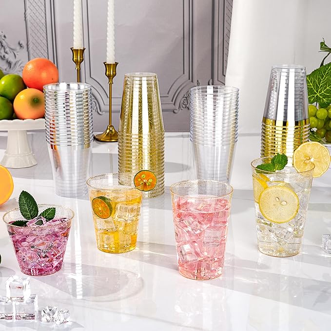 Goodluck 12 oz 100 PCS Gold Glitter Plastic Cups, Disposable Glitter Cups, Elegant Plastic Cocktail Glasses, Fancy Party Cups for Wedding, Birthday, Holiday