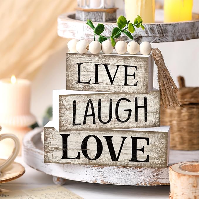 5 Pcs Rustic Farmhouse Tiered Tray Farmhouse Fake Books Decoration Life Laugh Love Wooden Tabletop Decor Love Block Decor Wood Block Sign Gift Centerpiece for Shelf Coffee Mantle Kitchen Table