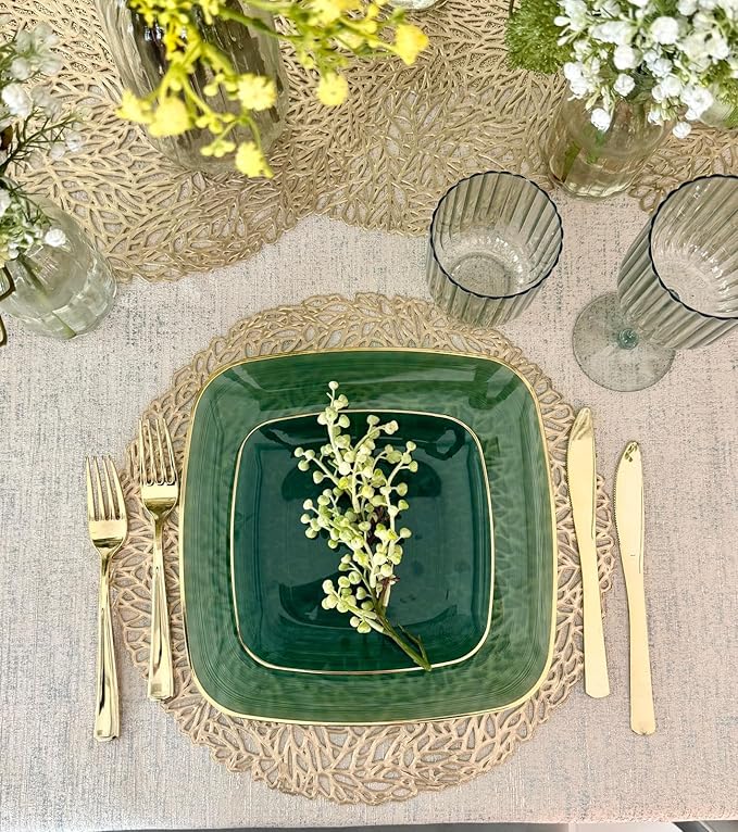 " OCCASIONS " 240 Pieces Pack,(120 Guests) Premium Wedding Party Disposable Plastic Plates Set -120 x 10'' Dinner + 120 x 7'' Salad/Dessert (Belize Square in Green & Gold)