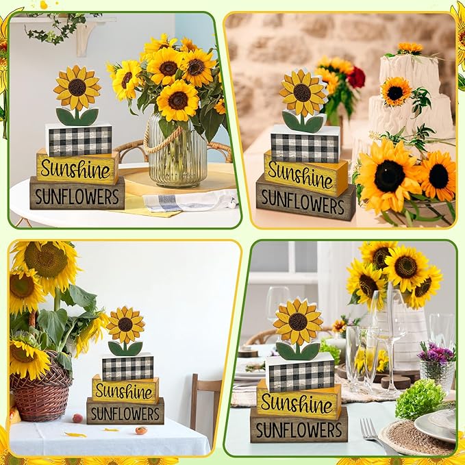 4 Pcs Sunflower Decorations Sunflower Wooden Sign Sunshine Table Centerpiece Summer Tiered Tray Decor Decorative Faux Book Stack Block for Coffee Table Fireplace Mantel Floating Shelf