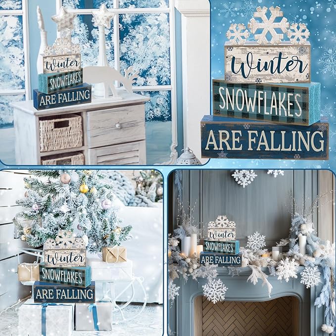 6 Pcs Winter Snowflakes Table Decorations Christmas Snowflake Centerpieces for Tables Winter Tiered Tray Decor Rustic Wood Snow Sign Farmhouse for Wonderland Party Kitchen Shelf Home