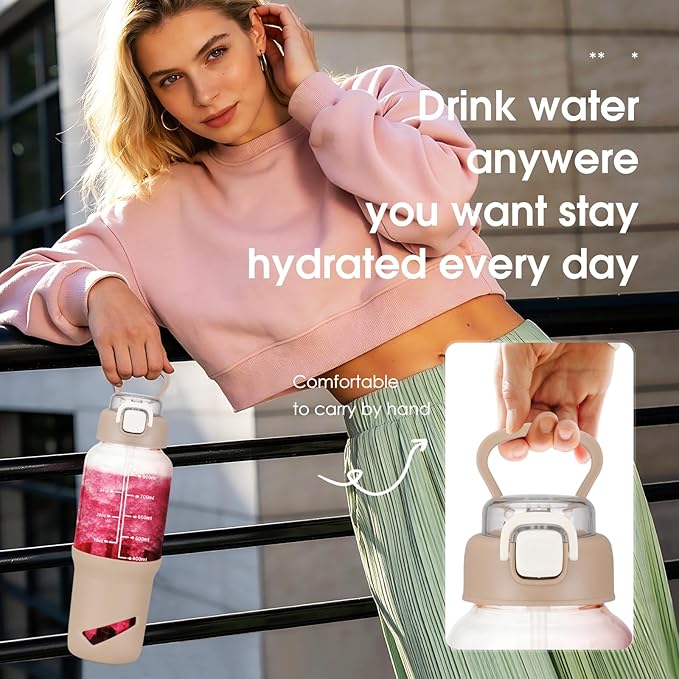 SIEROZUR 32 oz Glass Tumbler with Straw, Glass Water Bottles with 2 Lids-Handle Spout Lid & Straw Lid, 1 Liter Motivational Water Bottles, Silicone Sleeve, Fits Car Cup Holder,Pink