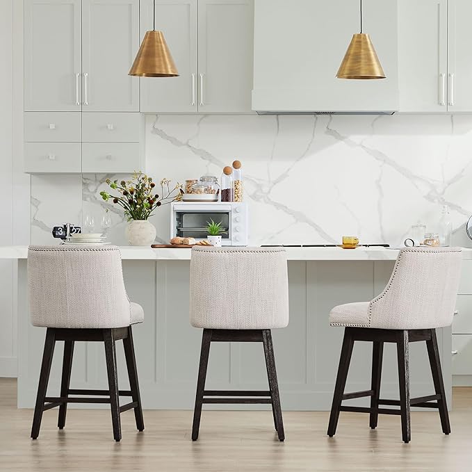 CHITA Counter Height Swivel Bar Stools Set of 3, FSC Certified Upholstered Counter Stools, Modern Swivel Barstools with Wood Legs for Kitchen Island, 26" Seat Height, Fabric in Ivory