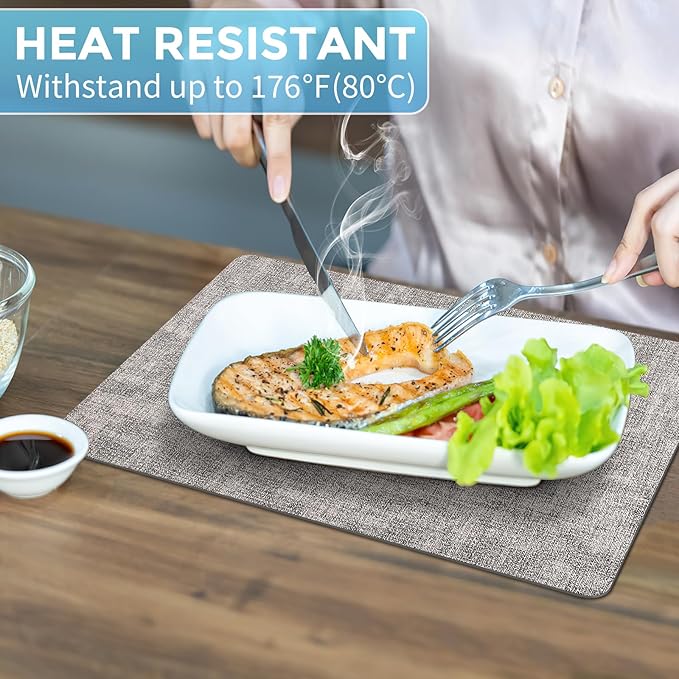 Placemats Set of 6 Washable, Heat Resistant Table Placemats Wipeable Faux Leather Place Mats Non Slip, Waterproof Square Table Mats for Indoor Outdoor, Light Grey