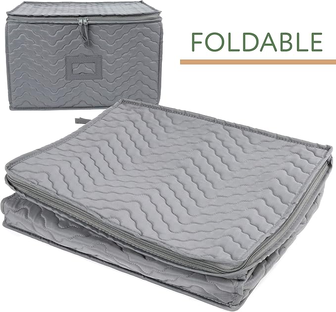 LotFancy Stemware Storage Containers, 2-Pack, Deluxe Quilted Storage Case with Dividers for 24 - Wine Glasses, Champagne Flutes, Glassware, Drinkware Storage Box Chest, 15.5”x12.5”x 10”, Gray