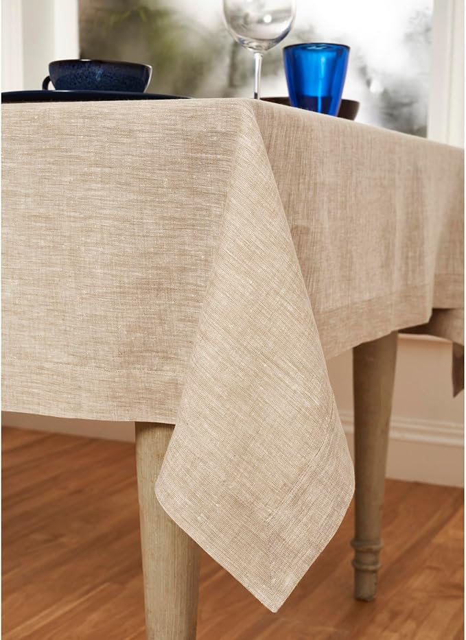 Solino Home Linen Tablecloth 60 x 120 Inch - 100% Pure Linen Champagne Beige Table Cloth for Rectangular Tables - Athena, Machine Washable Cloth Tablecloth for Spring, Easter