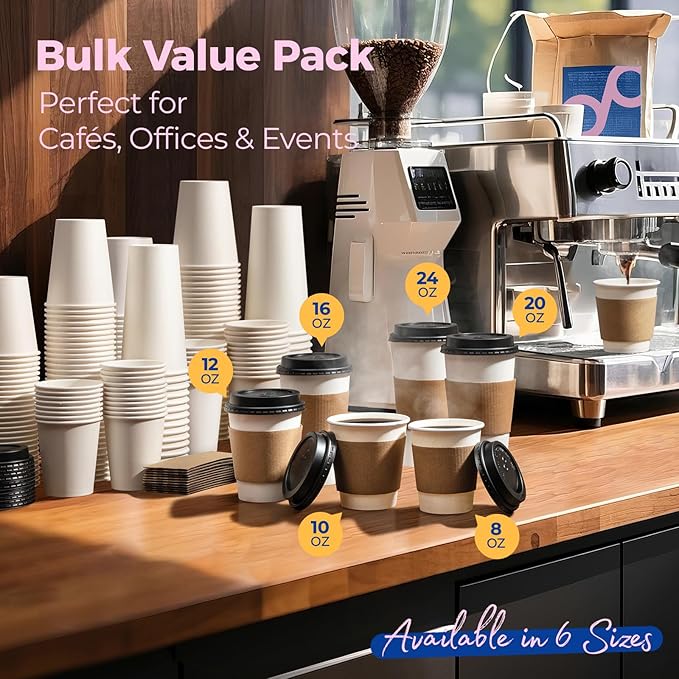 Fit Meal Prep 100 Pack 8 oz Disposable Coffee Cups with Lids, Sleeves, Leak-Proof To Go Coffee Cups with Lids, Durable Paper Cups for Hot Beverage, Home, Office, Party