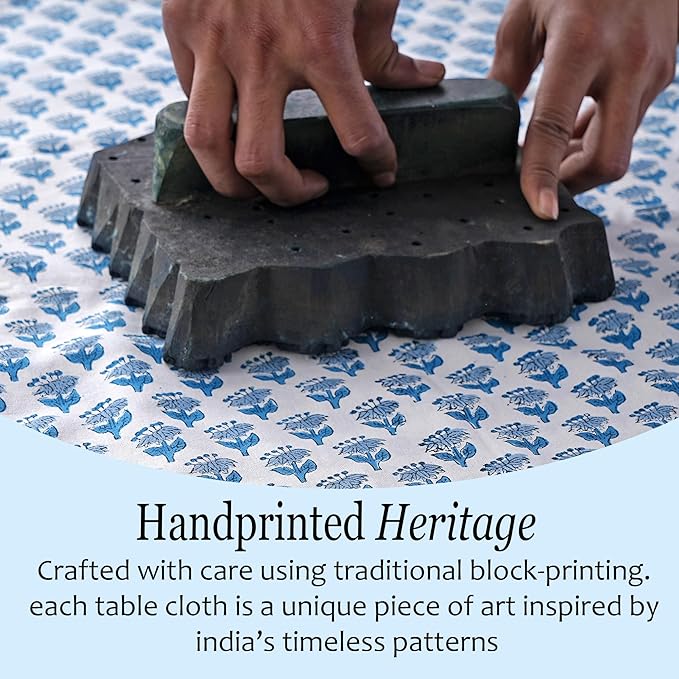 CPC Tablecloth 100% Cotton 72x160 Inch Indian Block Print Rectangle Table Cover, Blue Table Cloth for Weddings, Spring/Summer, Barbeque - Apatite Blue