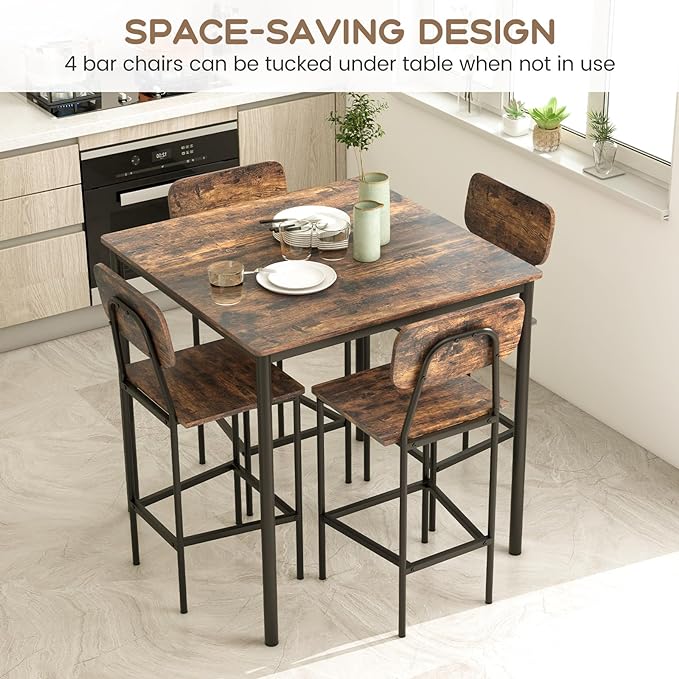 Giantex 5-Piece Dining Table Set W/Counter Height Table & 4 Bar Stools, Industrial Kitchen Dining Set W/Footrest & Backrest, Space-Saving Dinette Set for Pub, Dining Room, Restaurant (Mix Brown)