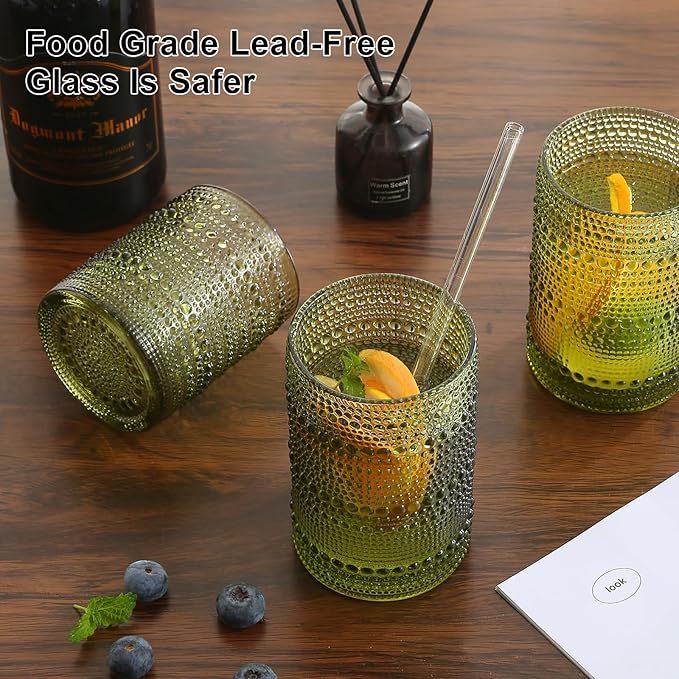 Vintage Glassware Drinking Glasses Set of 12,Green 12oz & 15oz Hobnail Glass Cups,Embossed Water Tumbler,for Beer,Cocktail,Whiskey,Juice and Various Mixed Drinks- 1 Cleaning Brush