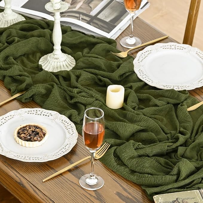 Artoid Mode Boho Cheesecloth Gauze Olive Green Wedding Table Runner, 120 Inch Seasonal Fabric Kitchen Dining Holiday Table Decor for Home Party Indoor