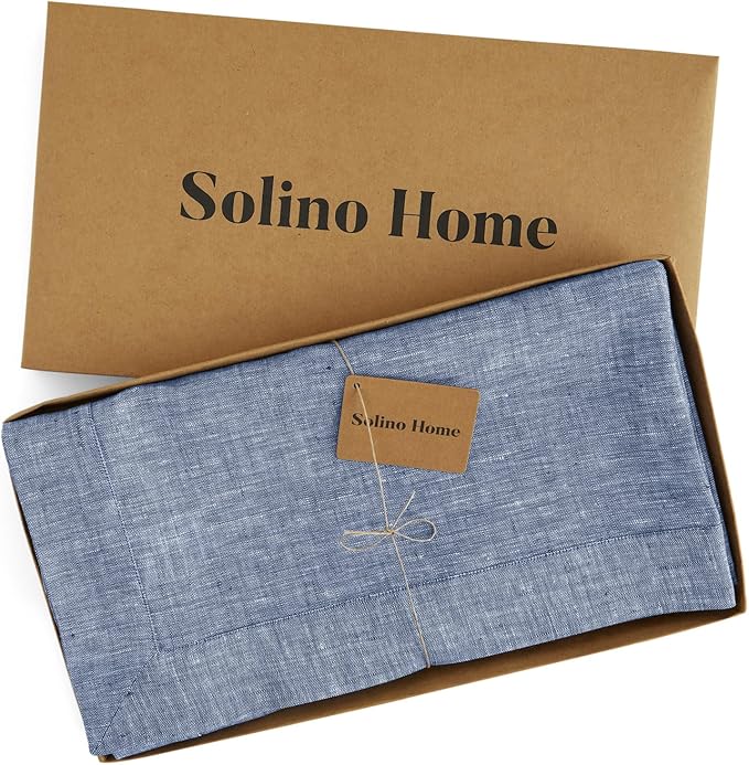 Solino Home Linen Tablecloth 60 x 144 Inch - 100% Pure Linen Chambray Indigo Table Cloth for Rectangle Tables - Athena, Machine Washable Tablecloth for Spring, Easter