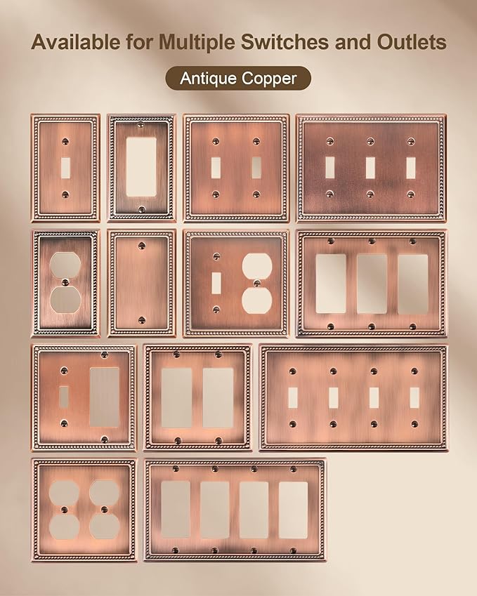 2-Pack Triple Decorator Outlet Cover Plate, Antique Copper Pearls Decorative Switch Plates and Outlet Covers, Metal Wall Plates for Electrical Outlets, Receptacle, GFCI Outlet, Dimmer Switch