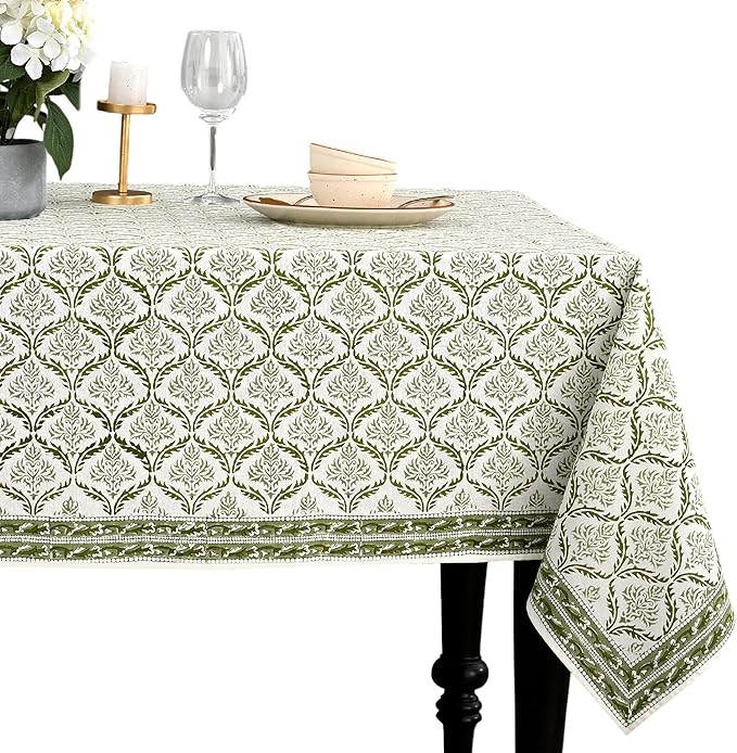 CPC Fern Regal Tablecloth 100% Cotton 80x120 Inch Indian Block Print Rectangle Table Cover, Table Cloth for Gifting in Weddings, Halloween, Fall, Christmas, Thanksgiving