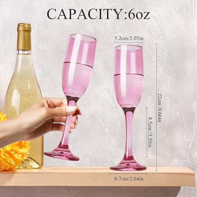 Champagne Flutes Glasses Set of 6-6oz Elegant Pink Glass, Unique Pink Colored Long Stem Champagne Flute Gift for Wedding, Anniversaries, Parties, Birthday, Restaurant, Home Bar
