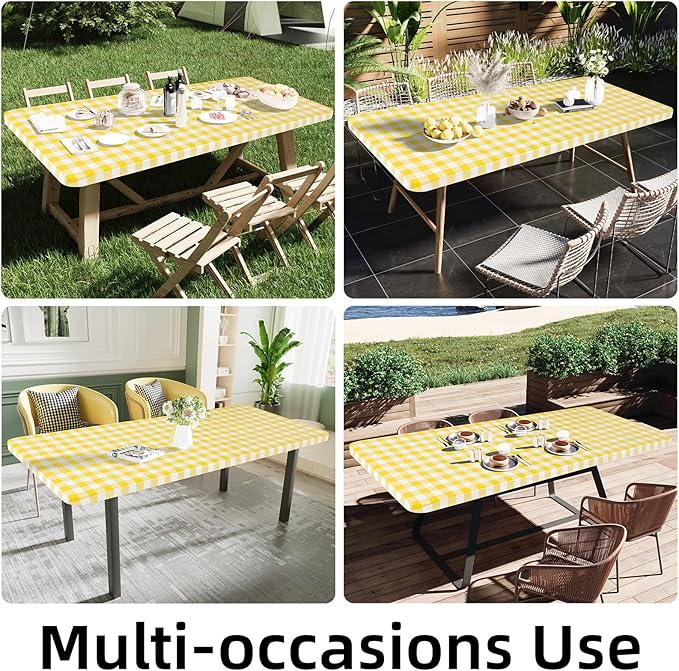 Smiry Rectangle Picnic Table Cloth, Elastic Waterproof Fitted Vinyl Tablecloths, Flannel Backed Buffalo Plaid Table Covers for Dining, Camping, Outdoor (White and Yellow, 30" x 96")