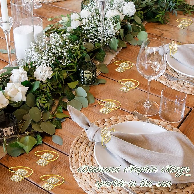 Hotop 24 Pcs Valentine's Day Napkin Rings Gold Table Decorations, Elegant Bling Leaves Napkin Rings, Rhinestone Guest Towels Buckle for Holiday Gather Party, Wedding Dinner Banquet Table Decoration