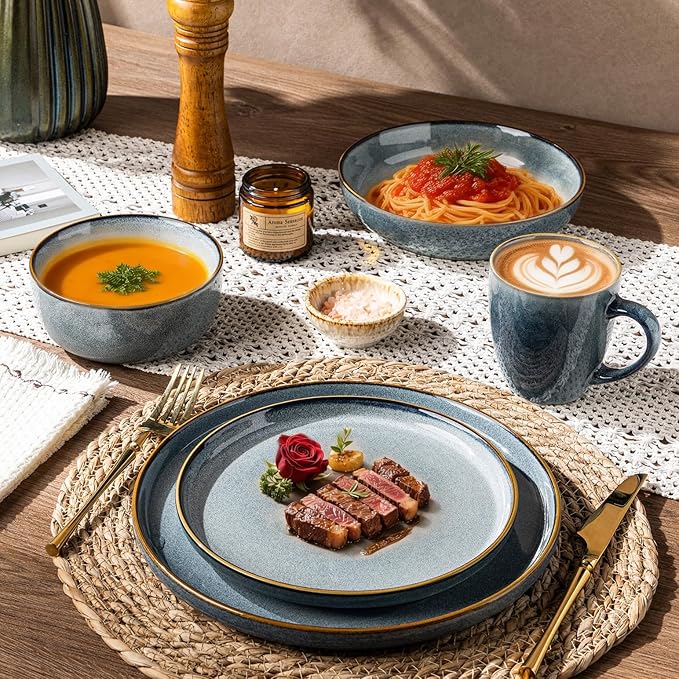 GBHOME Ceramic Dinnerware Sets for 6, 18 Pieces Stoneware Plates and Bowls Sets, Scratch Resistant Dishes, Dishwasher & Microwave Safe, Space Blue