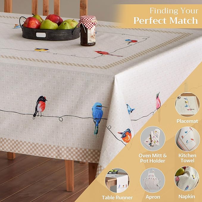 Maison d' Hermine Table Cloth Rectangle Table 100% Cotton 70 x 90 Inches Tablecloth Reusable Decorative for Dining Room Farmhouse Home Valentines Day Decorations Spring Summer - Birdies on Wire