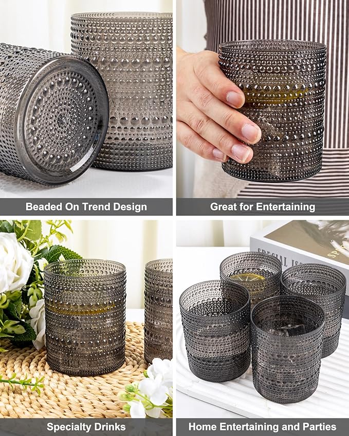 YOUBET 24PCS Plastic Drinking Glasses - 14OZ Black Hobnail Drinkware Glasses - Vintage Glassware Textured Beaded Cups for Water, Beer, Whiskey, Juice and Various Mixed Drinks for Party