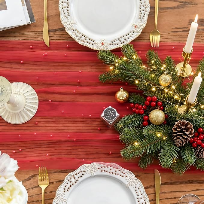 Artoid Mode Pearl Red Gauze Table Runner 120 Inch 10FT, Seasonal Sheer Dining Holiday Wedding Birthday Baby Shower Table Decor for Home Party