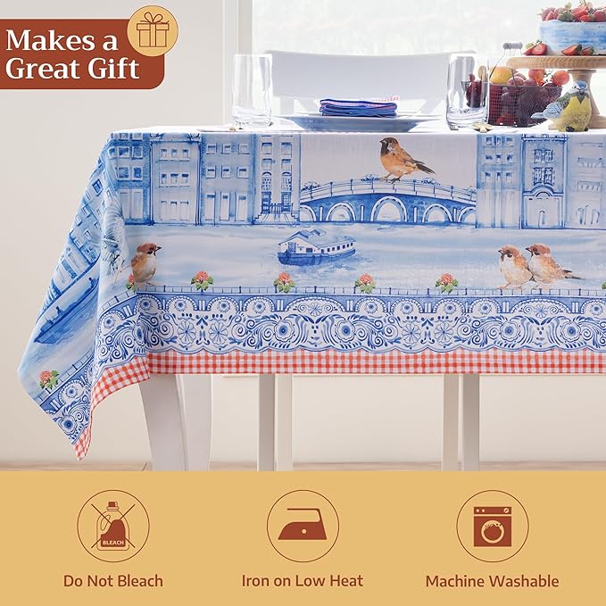 Maison d' Hermine Table Cloth Rectangle Table 100% Cotton 60 x 120 Inches Tablecloth Reusable Decorative for Dining Room Farmhouse Home Valentines Day Decorations Spring Summer - Amsterdam Canals