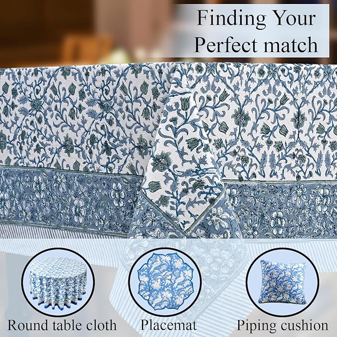 CPC Ocean Vine Tablecloth 100% Cotton 60x60 Inch Indian Block Print Rectangle Table Cover, Table Cloth for Gifting in Weddings, Halloween, Fall, Christmas, Thanksgiving