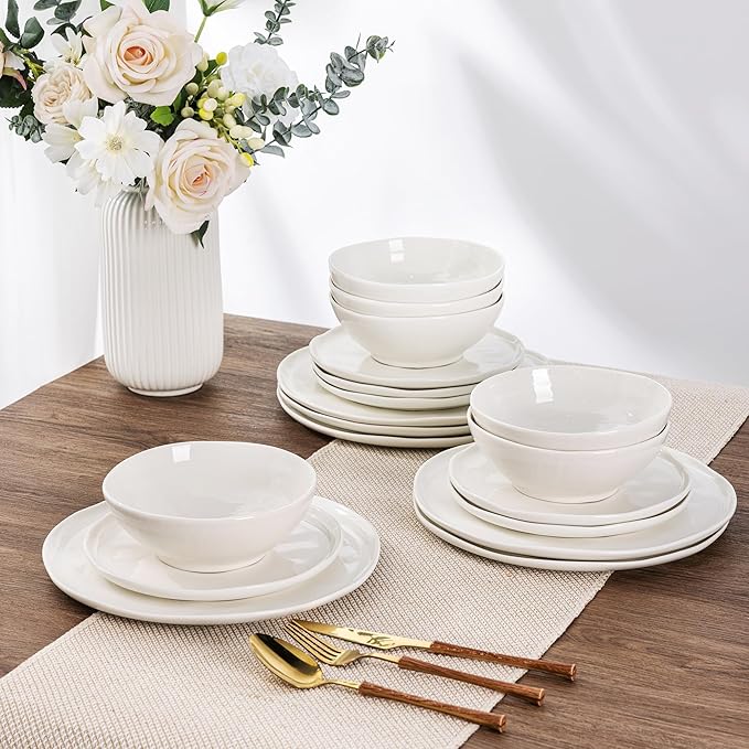 LERATIO Ceramic Dinnerware Sets for 6,Porcelain Plates and Bowls Sets with Wavy Edge, Oven &Microwave & Dishwasher Safe,Light Weight & Scratch Resistant Dishes Sets-Service for 6 (18pcs)-Peal White