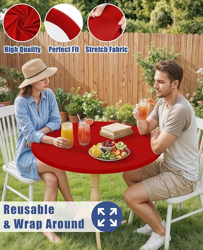 Round Spandex Christmas Tablecloth 2 Pack, Elastic Fitted Waterproof Tablecloths for 18"-24" Tables, Stretch Washable Picnic Table Cover for Camping, Dining, Indoor and Outdoor, Red