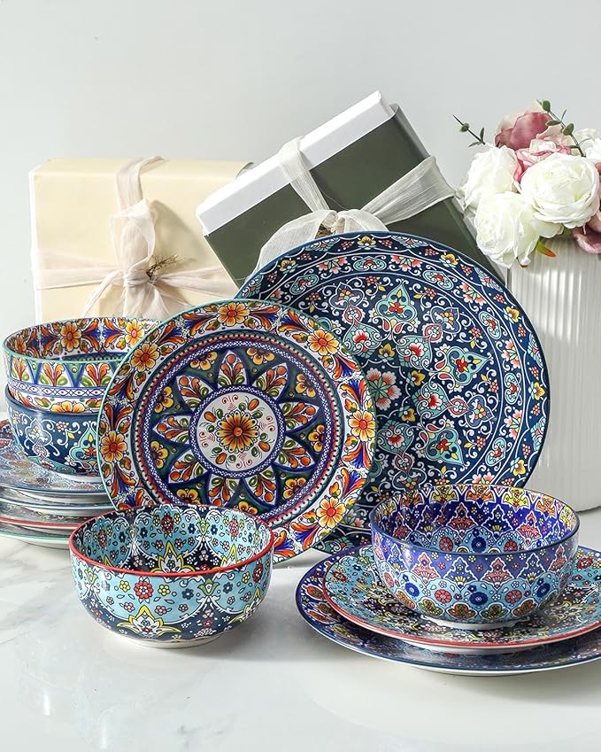 glowworm Dinner Plates Set of 4, 10.5 Inch Ceramic Plates for Steak, Dishes Set for Kitchen, Housewarming Gift，Microwave, Oven & Dishwasher Safe, Bohemian