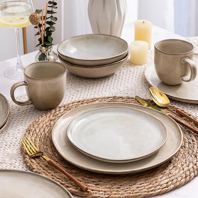 AmorArc Ceramic Dinnerware Sets,Handmade Reactive Glaze Stoneware Plates and Bowls Sets,Highly Chip and Crack Resistant | Dishwasher & Microwave Safe Dishes Set,Service for 4 (12pc)