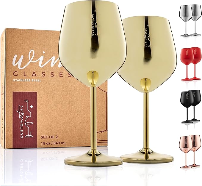 Gusto Nostro Stainless Steel Wine Glass - 18 oz Unbreakable Gold Wine Glasses for Travel, Camping and Pool - Fancy, Unique and Cute Portable Metal Wine Glass for Outdoor Events, Picnics (Set of 2)