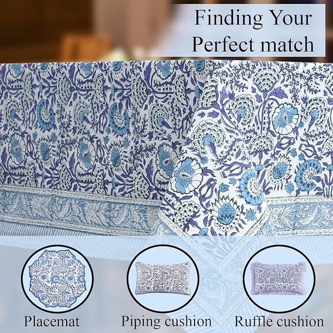 CPC Tablecloth 100% Cotton 70x118 Inch Indian Block Print Rectangle Table Cover, Table Cloth for Weddings, Spring/Summer, Barbeque - Indigo Blue