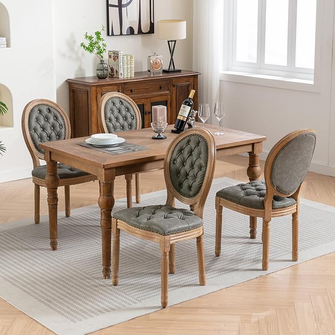 Vintage French Dining Chairs Set of 2, Round Back PU Leather Upholstered Side Chairs with Nailhead Trim and Solid Wood Frame, Sillas de Comedor for Dining Room & Kitchen, Olive Green