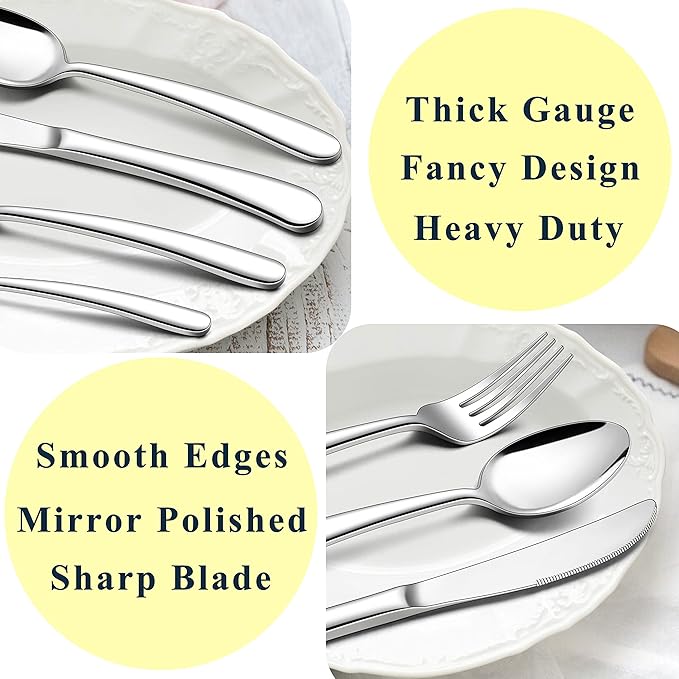 Herogo Heavy Duty Stainless Steel Silverware Set, 40-Piece Fancy Flatware Cutlery Set for 8, Modern Tableware for Home Restaurant Wedding, Heavy Eating Utensils, Mirror Polished, Dishwasher Safe
