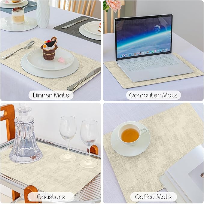 Romanstile Reversible Vinyl Placemats Set of 8, Faux Leather 100% Waterproof Oil-Proof Wipeable Place Mats, Heat Resistant Dual Sided Table Mats for Kitchen/Dining/Party (Black Beige, 12 x 17 Inch)