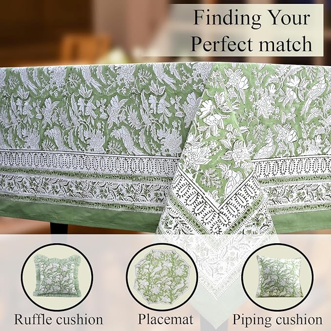 CPC Tablecloth 100% Cotton 60x90 Inch Indian Block Print Rectangle Table Cover, Washable Table Cloth for Weddings, Spring/Summer, Barbeque - Olive Green