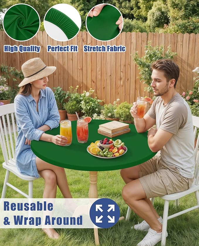 Round Spandex Tablecloth 2 Pack, Elastic Fitted Waterproof Tablecloths for 36"-44" Tables, Stretch Washable Picnic Table Cover for Camping, Dining, Indoor and Outdoor, Emerald Green