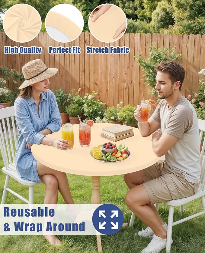 Round Spandex Tablecloth, Elastic Fitted Waterproof Tablecloths for 36"-44" Tables, Stretch Washable Picnic Table Cover for Camping, Dining, Indoor and Outdoor,Ivory