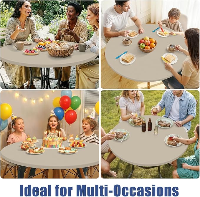 Round Spandex Tablecloth, Elastic Fitted Waterproof Tablecloths for 36"-44" Tables, Stretch Washable Picnic Table Cover for Camping, Dining, Indoor and Outdoor, Taupe