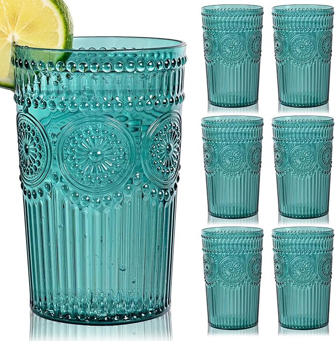 Ciaell 12 Pack Romantic Plastic Water Glasses - 14 Oz Green Vintage Drinking Glasses, Embossed Ribbed Plastic Cups, Textured Striped Set for Juice, Beverages, Beer, Cocktail